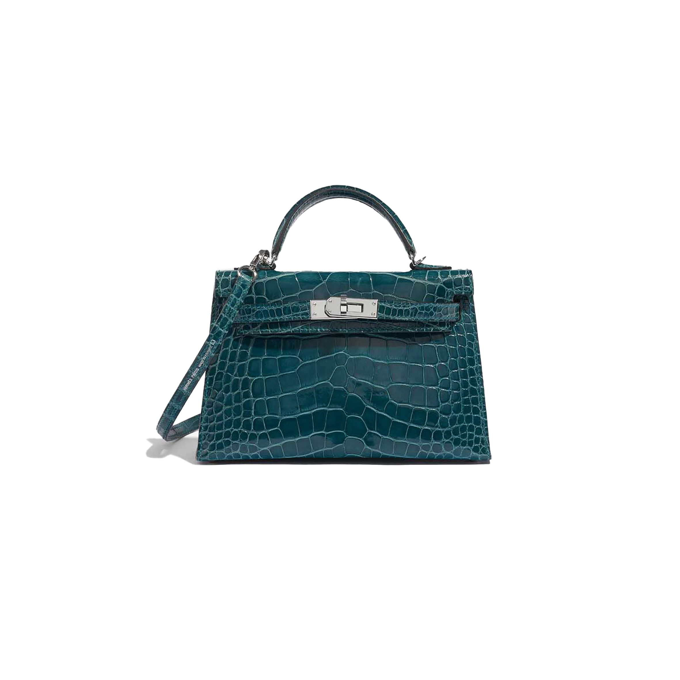 HERMÈS MASTER KELLY MINI II SILVER BUCKLE SHINY CROCODILE BOSPHORUS GREEN (19*12*5.5cm)